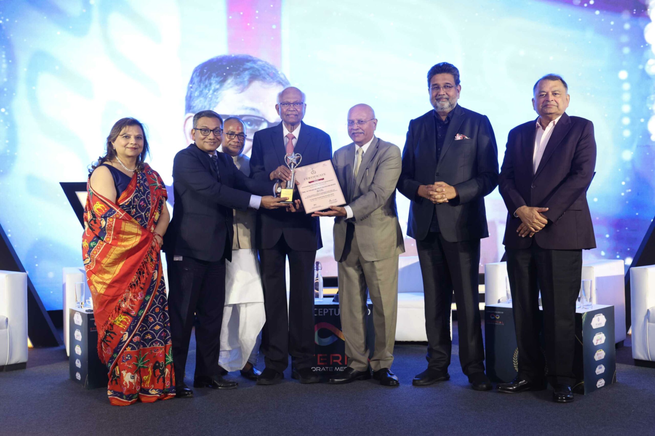 Mr. Sundararaman Ramamurthy, MD & CEO, Bombay Stock Exchange Ltd. receiving the award for Outstanding CEO of The Year in Capital Market at the Coporate Leadership Awards 2024