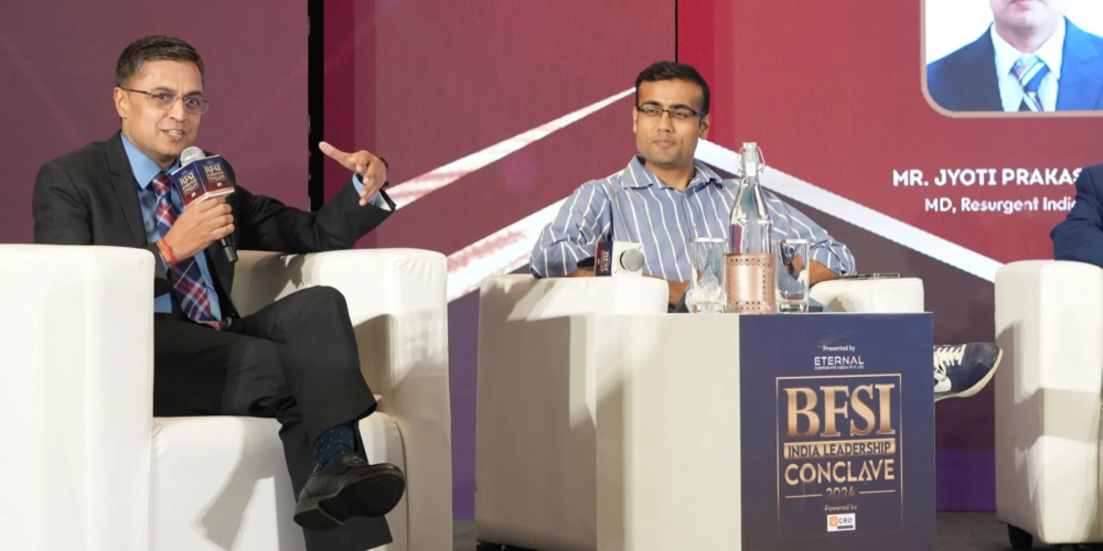 Jyoti Prakash Gadia, MD of Resurgent India Limited, moderating a panel discussion on the BFSI Industry alongside panellist Shobhit Mathur, Co-Founder of Angel One Wealth Limited.