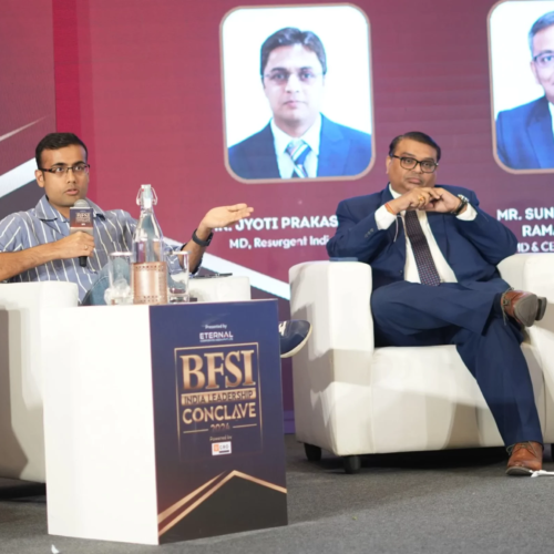 Panel discussion in progress with Shobhit Mathur, Co-Founder of Angel One Wealth Limited, and Alok Rungta, MD & CEO of Future Generali India Life Insurance Co. Ltd.