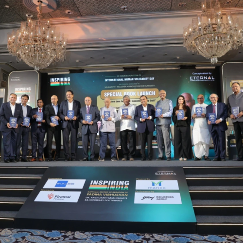 Book Launch (from left to right): More from Less For More, authored by Dr. Raghunath Mashelkar and Mr. Sushil Borde, being launched by Mr. Nikhil Meswani, Executive Director, Reliance Industries Limited; Mr. Hital Meswani, Executive Director, Reliance Industries Limited; Mr. Alok Ranjan Tiwari, MD & CEO, Eternal Corporate Media ; Mr. Sushil Borde, Co-author; Mr. Ajay Piramal, Chairman, Piramal Group; Mr. Shailesh Haribhakti, Non-Executive Chairman and Independent Director on multiple boards; Padma Vibhushan Prof. M. M. Sharma, Emeritus Professor of Chemical Engineering, Institute of Chemical Technology, Mumbai; Mr.Chandrakant Patil, Hon'ble Cabinet Minister for Higher & Technical Education and Parliamentary Affairs, Govemnment of Maharashtra; Padma Vibhushan Dr. Raghunath Mashelkar, eminent scientist; Mr. Mukesh Ambani, Chairman & Managing Director, Reliance Industries Limited; Mrs. Sulajja Firodia Motwani, Founder & CEO, Kinetic Green Energy & Power Solutions Ltd .; Mr. Kripa Shankar Tiwari, Chairman, Eternal Corporate Media; Mr. Nadir Godrej, Chairman & Managing Director, Godrej Industries Group; and Mr. Niraj Bajaj, Chairman of Bajaj Auto Limited.
