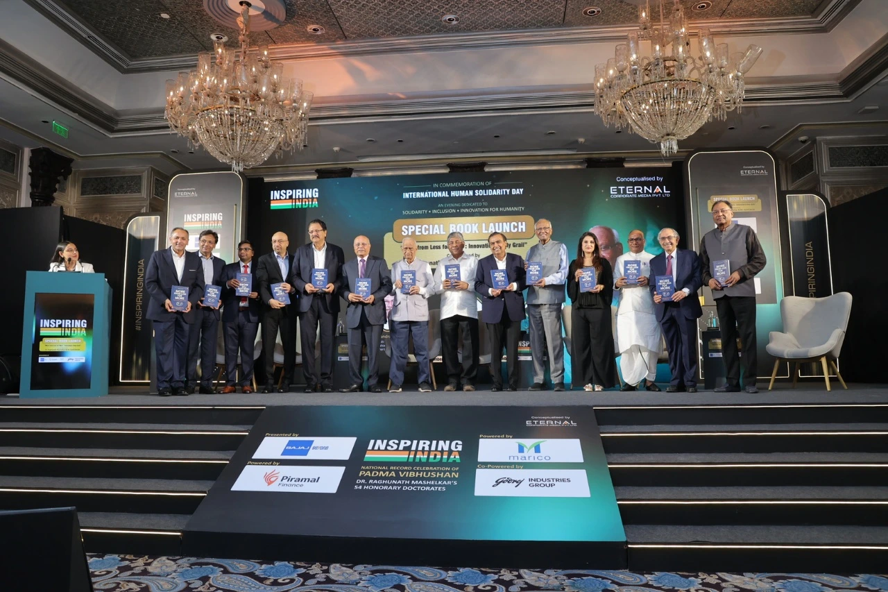 Book Launch (from left to right): More from Less For More, authored by Dr. Raghunath Mashelkar and Mr. Sushil Borde, being launched by Mr. Nikhil Meswani, Executive Director, Reliance Industries Limited; Mr. Hital Meswani, Executive Director, Reliance Industries Limited; Mr. Alok Ranjan Tiwari, MD & CEO, Eternal Corporate Media ; Mr. Sushil Borde, Co-author; Mr. Ajay Piramal, Chairman, Piramal Group; Mr. Shailesh Haribhakti, Non-Executive Chairman and Independent Director on multiple boards; Padma Vibhushan Prof. M. M. Sharma, Emeritus Professor of Chemical Engineering, Institute of Chemical Technology, Mumbai; Mr.Chandrakant Patil, Hon'ble Cabinet Minister for Higher & Technical Education and Parliamentary Affairs, Govemnment of Maharashtra; Padma Vibhushan Dr. Raghunath Mashelkar, eminent scientist; Mr. Mukesh Ambani, Chairman & Managing Director, Reliance Industries Limited; Mrs. Sulajja Firodia Motwani, Founder & CEO, Kinetic Green Energy & Power Solutions Ltd .; Mr. Kripa Shankar Tiwari, Chairman, Eternal Corporate Media; Mr. Nadir Godrej, Chairman & Managing Director, Godrej Industries Group; and Mr. Niraj Bajaj, Chairman of Bajaj Auto Limited.