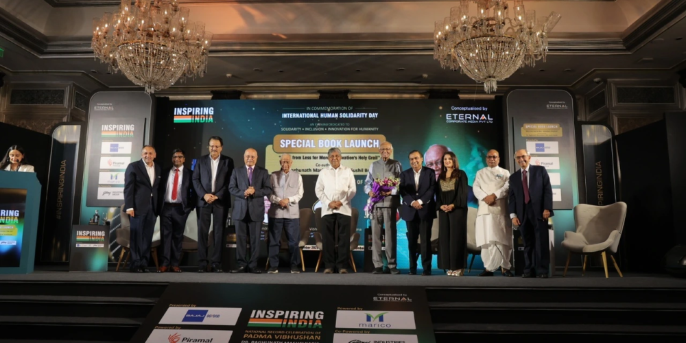On the dais (from left to right): Mr. Nikhil Meswani, Executive Director, Reliance Industries Limited; Mr. Alok Ranjan Tiwari, MD & CEO, Eternal Corporate Media Private Limited; Mr. Ajay Piramal, Chairman, Piramal Group; Mr. Shailesh Haribhakti, Non-Executive Chairman and Independent Director on multiple boards; Padma Vibhushan Prof. M. M. Sharma, Emeritus Professor of Chemical Engineering, Institute of Chemical Technology, Mumbai; Mr. Chandrakant Patil, Hon'ble Cabinet Minister for Higher & Technical Education and Parliamentary Affairs, Government of Maharashtra; Padma Vibhushan Dr. Raghunath Mashelkar, Eminent Scientist, Mr. Mukesh Ambani, Chairman & Managing Director, Reliance Industries Limited; Mrs. Sulajja Firodia Motwani, Founder & CEO, Kinetic Green Energy & Power Solutions Ltd.; Mr. Kripa Shankar Tiwari, Chairman, Eternal Corporate Media; and Mr. Nadir Godrej, Chairman & Managing Director, Godrej Industries Group.