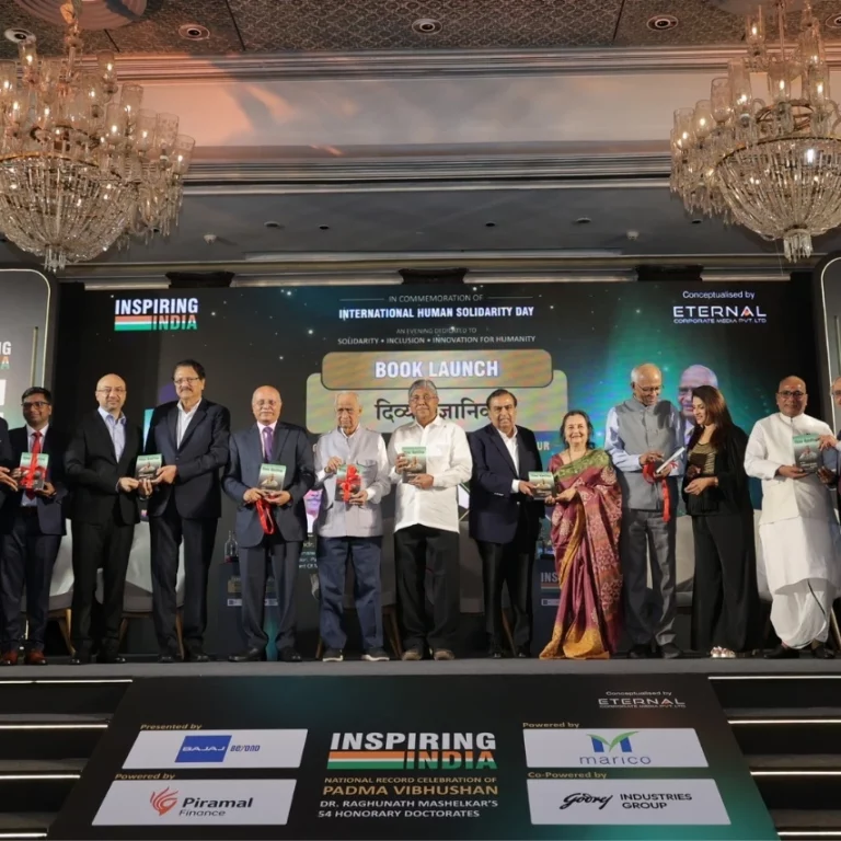 Book Launch (from left to right): Divya Vaigyanik-A Hindi Biography on Prof. M. M. Sharma being launched by Mr. Hital Meswani, Mr. Nikhil Meswani, Mr. Alok Ranjan Tiwari, Mr. Sushil Borde, Mr. Ajay Piramal, Mr. Shailesh Haribhakti, Prof. M. M. Sharma, Shri Chandrakant Patil, Dr. Raghunath Mashelkar, Mr. Mukesh Ambani, Mrs. Sulajja Firodia Motwani, Mr. Kripa Shankar Tiwari, Mr. Nadir Godrej, and Mr. Niraj Bajaj.
